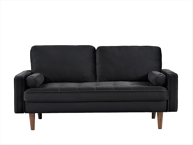 Container Furniture Direct Velvet Tufted Sofas for Living Room, Classic Mid-Century Style with Modern Silhouette, Button Tufting and Wood Legs, Includes 2 Bolster Pillows, Loveseat, Black