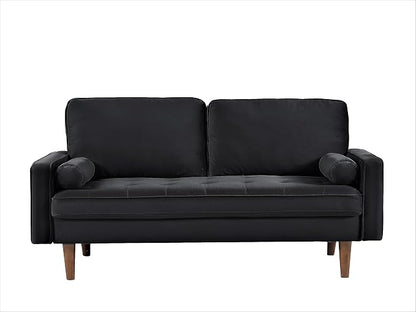 Container Furniture Direct Velvet Tufted Sofas for Living Room, Classic Mid-Century Style with Modern Silhouette, Button Tufting and Wood Legs, Includes 2 Bolster Pillows, Loveseat, Black