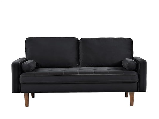 Container Furniture Direct Velvet Tufted Sofas for Living Room, Classic Mid-Century Style with Modern Silhouette, Button Tufting and Wood Legs, Includes 2 Bolster Pillows, Loveseat, Black