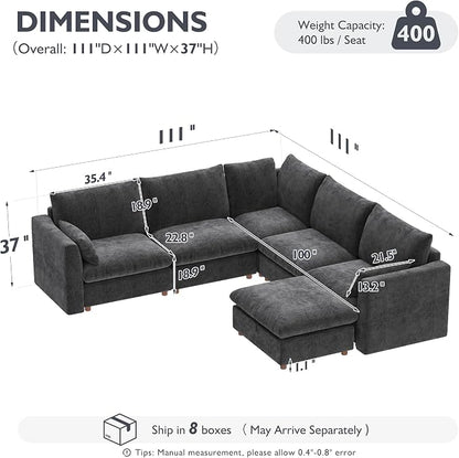 Ihanherry 111" Oversized Modular Sectional Sofa, Modern V Shaped Cloud Couch with Storage Ottoman, 6-Seat Comfy Chenille Deep Seat Sofa with 2 Pillows for Living Room, Grey