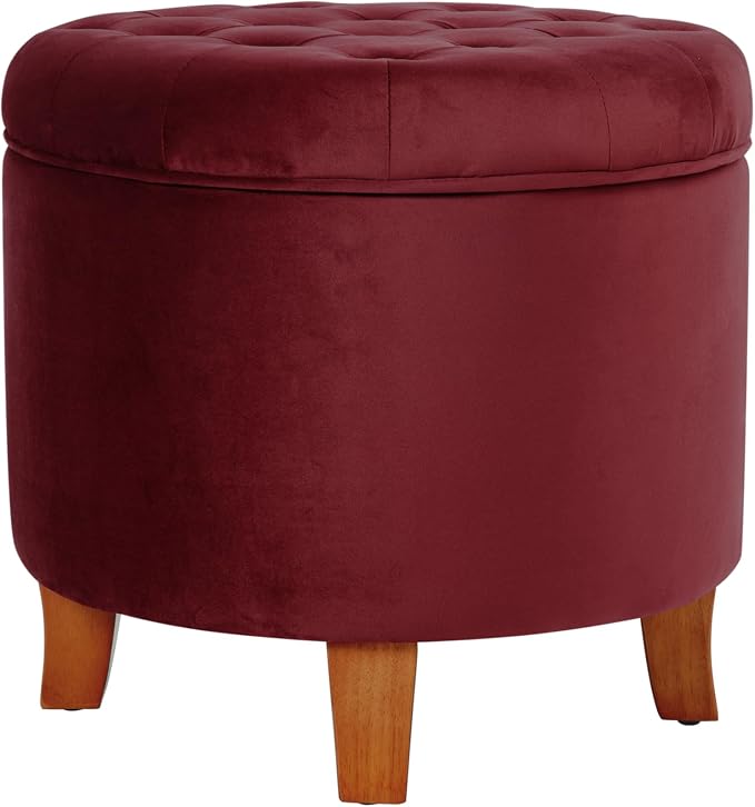 Homepop Home Decor | Upholstered Round Velvet Tufted Foot Rest Ottoman | Ottoman with Storage for Living Room & Bedroom | Decorative Home Furniture, Burgundy Small