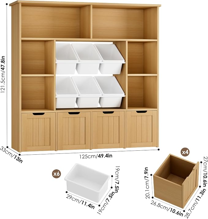 FINETONES Toy Storage Organizer with 6 Toy Bins, Large Toy Organizers and Storage with 4 Movable Drawers and 6 Storage Cubbies, Kids Toy Storage and Toy Chest for Playroom and Kids Room, Natural