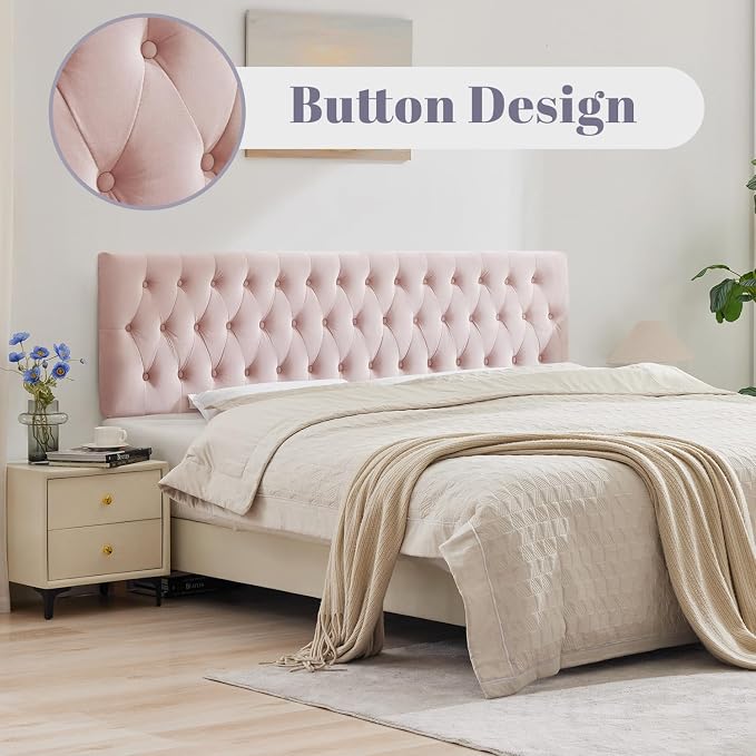 Tufted Upholstered King Size Bed Headboard in Modern Button Design, Adjustable Solid Wood Head Board, Premium Velvet Fabric Padded Headboards in Bedroom (Pink)