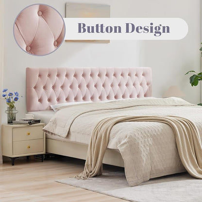 Tufted Upholstered King Size Bed Headboard in Modern Button Design, Adjustable Solid Wood Head Board, Premium Velvet Fabric Padded Headboards in Bedroom (Pink)
