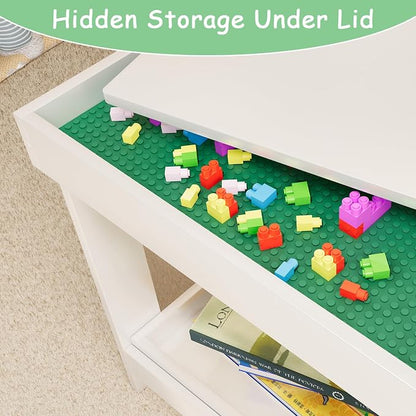 Kids Activity Table with Storage, 2 in 1 Solid Wood Building Blocks Table with Board for Boys Girls Gifts, Play Bricks, Train, Reading, Arts Draw