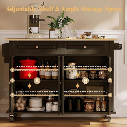 JassmiPkwy 51.2'' Rolling Kitchen Island Cart with Drop Leaf Countertop, Kitchen Carts on Wheels with Storage, 2 Drawers, Towel Rack Island for Dining Room, Black