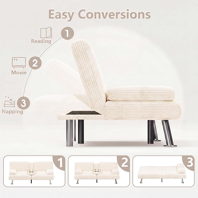 Flamaker Futon Sofa Bed Corduroy Folding Couch Adjustable Sleeper Sofa Bed for Small Apartment Upholstered Living Room Furniture Set with 2 Cup Holders Removable Armrests (Corduroy, Beige)