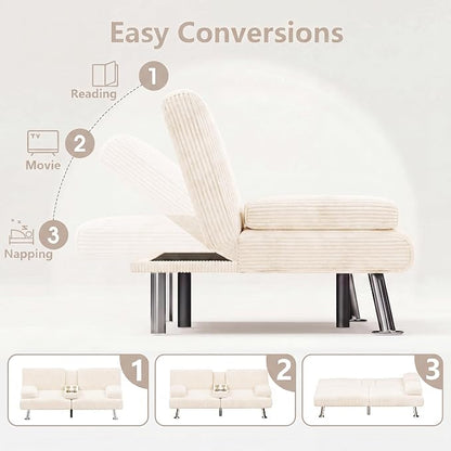 Flamaker Futon Sofa Bed Corduroy Folding Couch Adjustable Sleeper Sofa Bed for Small Apartment Upholstered Living Room Furniture Set with 2 Cup Holders Removable Armrests (Corduroy, Beige)
