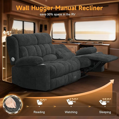 Loveseat Recliner Sofa with Flip Backrest Design, 3 Seat RV Recliner Sofa with USB Ports & Pockets, Wall Hugger Reclining Loveseat with Cup Holders & Drawer, RV Couch for Home Theater Seating