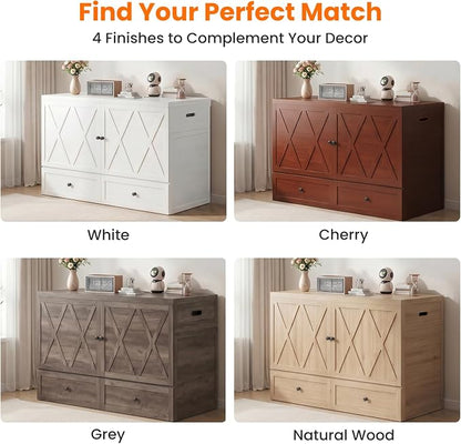 CECER Murphy Bed Queen with Mattress for Guest/Small Space-Natural Wood | Built-in Multi-Port Charging Station ＆ Large Storage Drawer，Space Saving ＆ Easy Assemble and Conversion