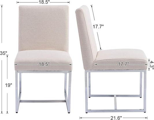 VESCASA Linen Upholstered Dining Chairs Set of 4, Mid Century Modern Padded Chair with Chrome Metal Frame for Restaurant, Dining Room, Kitchen, Cream