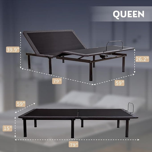 Dyonery Queen Adjustable Bed Base Frame with Wireless Remote + 12 Inch Queen Gel Memory Foam Mattress Bed in a Box, Head and Foot Incline, Zero Gravity, Fiberglass Free, 80" × 60"