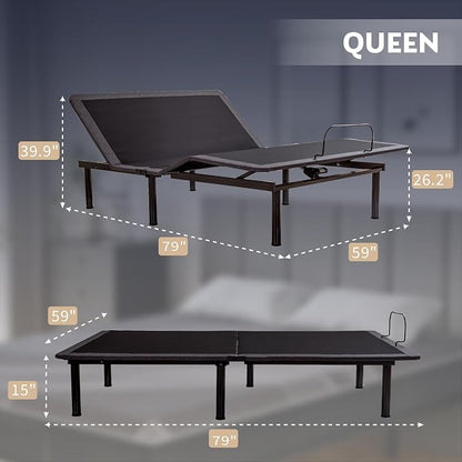 Dyonery Queen Adjustable Bed Base Frame with Wireless Remote + 14 Inch Queen Gel Memory Foam Mattress Bed in a Box, Head and Foot Incline, Zero Gravity, Fiberglass Free, 80" × 60"