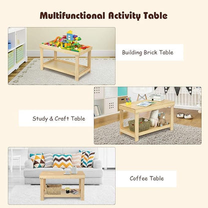 Costzon 2 in 1 Kids Activity Table w/Storage, Patented Building Block Table w/Board for Bricks Crafts Arts Draw, Children Solid Wood Play Table Desk for Preschool Toddler Boy & Girl Gift, Natural