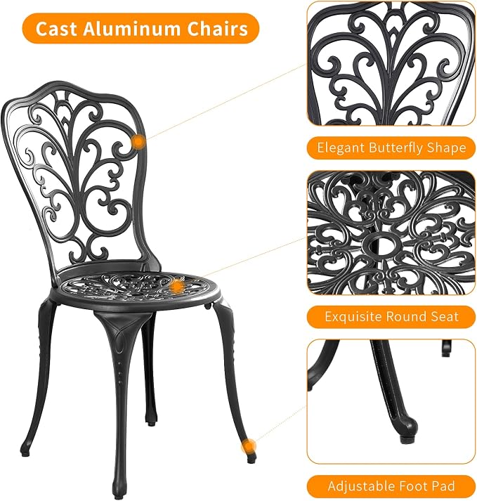 Patio Bistro Set 3 Piece Outdoor,Cast Aluminum Outdoor Bistro Table and Chair Set of 2 with 1.97" Umbrella Hole,All Weather Bistro Table Set for Front Porch Set(Butterfly Black)
