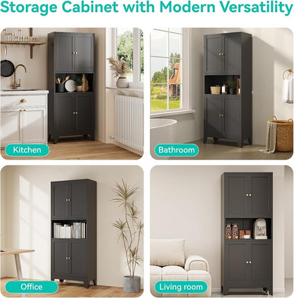 69" Tall Pantry Cabinet with Open Shelf,13.78“Deep By 28" Wide Storage Cabinet with Doors and Adjustable Shelves,Microwave Stand,for Kitchen Dining Room Bathroom,Black,1Pc