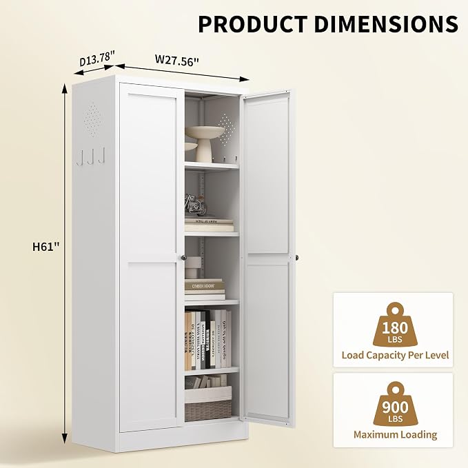 Kitchen Pantry Cabinet, 61" H Storage Cabinet with Doors and Adjustable Shelves, Spacious Cupboard with 2 Handles, Metal Kitchen Cabinet for Dining Room, Living Room, White