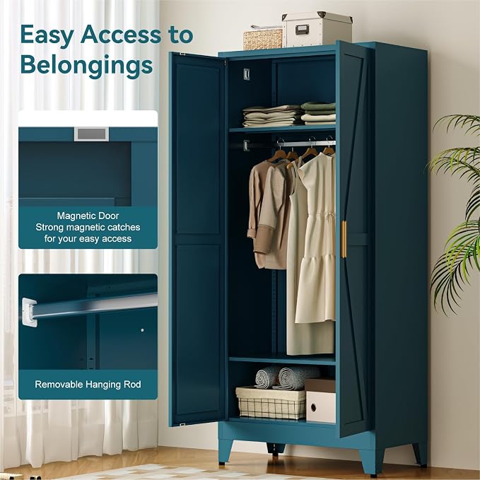 COFaR Metal Wardrobe Cabinet, 71" Farmhouse Storage Cabinet with Hanging Rod, 2 Barn Door, 2 Adjustable Shelves and Legs, for Bedroom, Laundry Room, Cloak Room, Gym, Office, School (Blue Green)