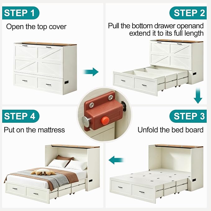 Queen Murphy Bed with Charging Station Large Storage Drawer Farmhouse Wood Space Saving Hidden Foldable Cabinet Bed for Bedroom Office School, Rustic White