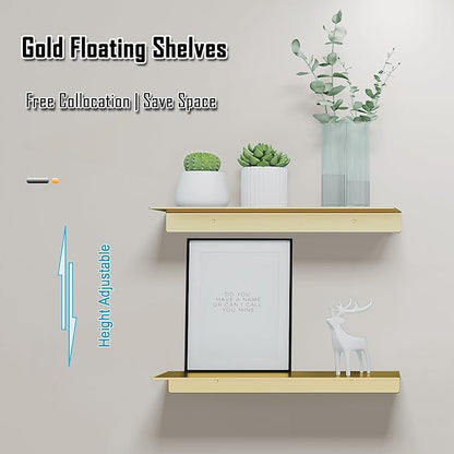 HNVNER Metal Floating Shelves, Set of 2, Brushed Gold Wall Shelves Picture Ledge, Shower Caddy Wall Mounted, Decorative Display Shelf for Bedroom, Living Room, Bathroom, Office