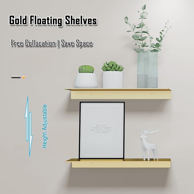 HNVNER Metal Wall Shelves Set of 2, Brushed Gold Floating Shelf, 30CM Wall Decorative Shelf for Photos, Collectibles, Vases, Trinkets, Crafts, Trophy, etc. Shower Caddy