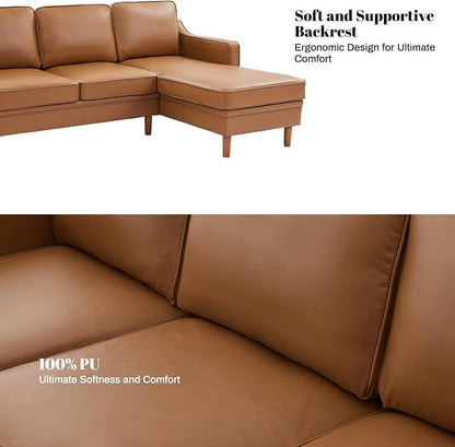 Kingfun 88" L-Shape Sofa, Faux Leather Sectional Couch, Mid Century Modern Couches with Solid Wood Frame for Living Room Bedroom
