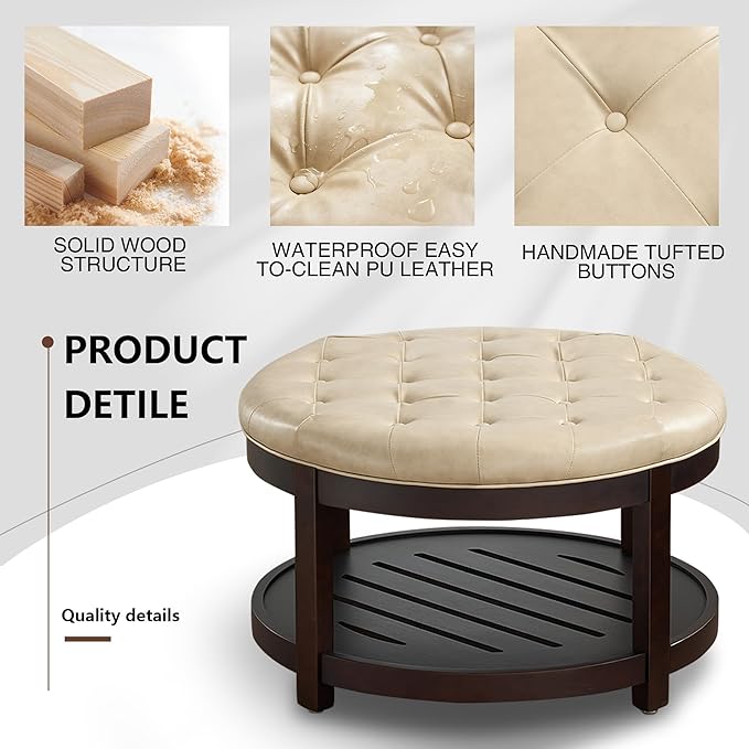 adochr Round Coffee Tables for Living Room,33’’ Storage Ottoman with Wooden Tray, Upholstered Ottoman Footrest, Ivory