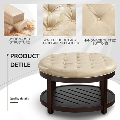 adochr Round Coffee Tables for Living Room,33’’ Storage Ottoman with Wooden Tray, Upholstered Ottoman Footrest, Ivory