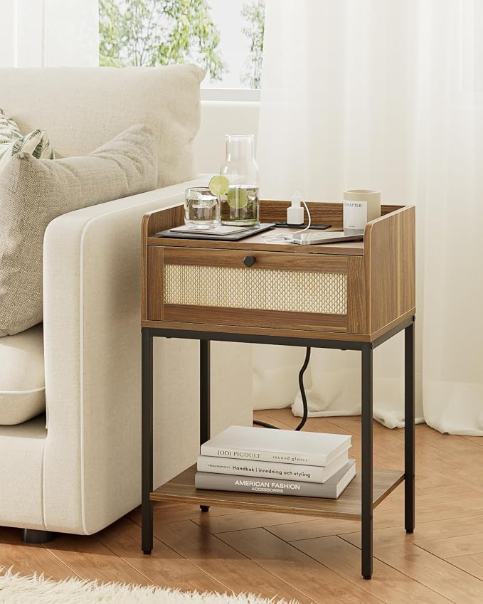 Masupu Nightstand with Charging Station, Modern Bedside Table Night Stand with Storage Drawer and Shelf,Small End Side Table for Bedroom,Living Room,Walnut Brown