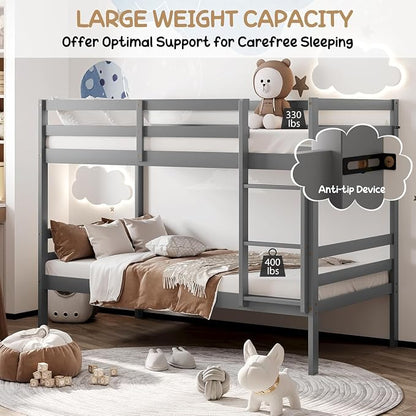 NAFORT Bunk Bed Twin Over Twin, Solid Wood Bunk Bed with Ladder and Safety Rails, Wooden Bed Frame for Kids Teens or Guests, Space-Saving Furniture for Bedroom Dorm, Gray