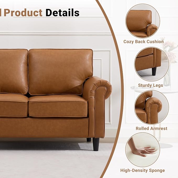 Kingfun Loveseat 2 Seater Couch, Mid Century Modern Faux Leather Sofa with Rolled Arms and Deep Seats, Fluffy Comfort for Living Room, Apartment, Easy Assembly, Brown