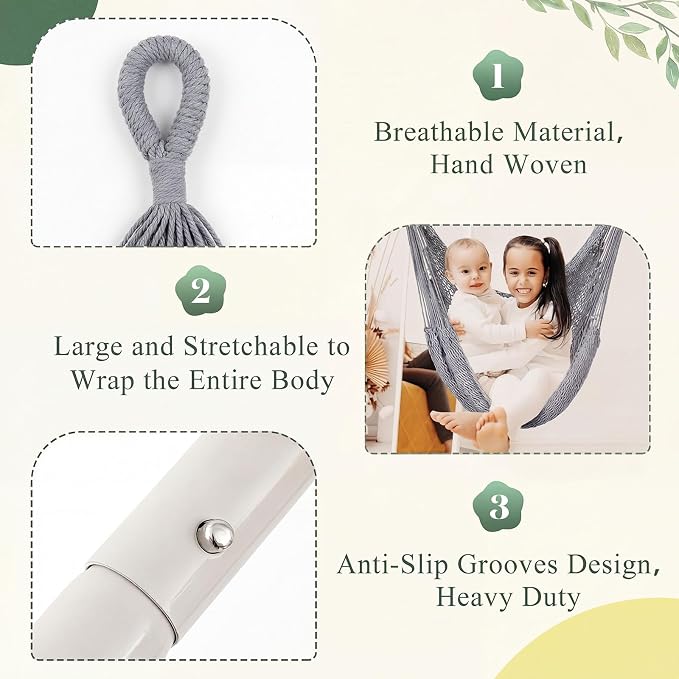 Barydat 2 Pcs Hanging Hammock Chair Boho Swing Chair Outdoor Indoor Comfy Soft Cotton Rope Weaving with 40 Inch Detachable Metal Bars for Backyard Living Room Garden, 270lb Capacity (Light Gray)