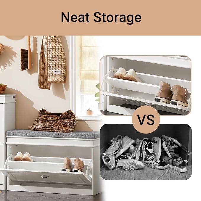 SoBuy Small Shoe Storage Bench, Narrow Shoe Cabinet for Entryway, Shoe Rack with Cushion&2 Tiers Flip-Drawer, Closet Hallway Mudroom White FSR82-L-W | Narrow shoe storage cabinet with 2-tier rack & 2 adjustable height shelves for small spaces, white, 7...