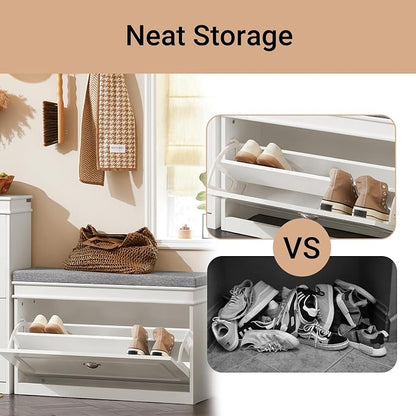 SoBuy Small Shoe Storage Bench, Narrow Shoe Cabinet for Entryway, Shoe Rack with Cushion&2 Tiers Flip-Drawer, Closet Hallway Mudroom White FSR82-L-W | Narrow shoe storage cabinet with 2-tier rack & 2 adjustable height shelves for small spaces, white, 7...