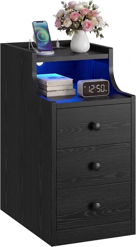 LIKIMIO Narrow Nightstand with Charging Station and LED Lights, Modern Night Stand, End Table with 3 Drawers, Open Shelf, Side Table for Living Room/Bedroom, Black