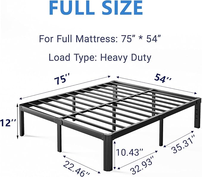 12 Inch High Heavy Duty Full Size Bed Frame Metal, Platform Bed Frame Full Size No Box Spring Needed, Noise Free, Easy Assembly, Black