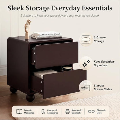Furniway Brown Nightstand Set of 2, Modern 2 Drawer Bedside Table with Curved Profile Design and Handle-Free Drawers, Modern End Table with Storage for Bedroom