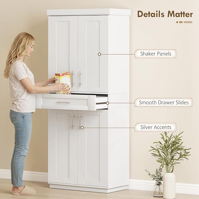 HOMCOM 72" Kitchen Pantry Cabinet, Freestanding Tall Storage Cabinet with 4 Doors, Drawer and 3 Adjustable Shelves for Dining Room, White