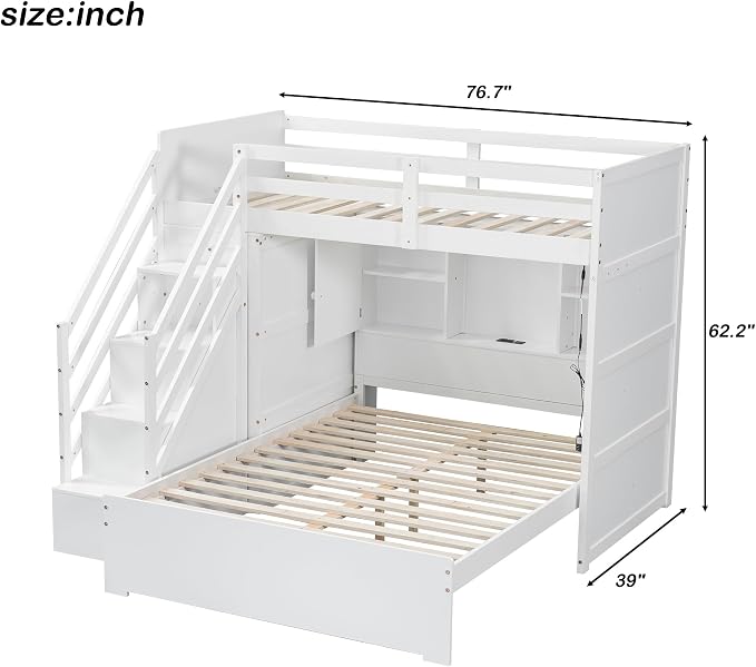RUNNA Twin Over Full Bunk Bed with Storage Stairs,USB,Light,White | Twin over full bunk bed with storage stairs, USB charging station, light, solid wood, guardrails, no box spring needed, white