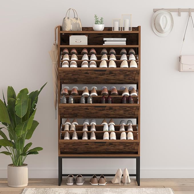 Shoe Storage Cabinet for Entryway, 3 Layers Shoe Cabinet with 3 Flip Drawers, Metal Legs Shoe Organizer Cabinet, Adjustable Shoe Rack Cabinet for Entryway