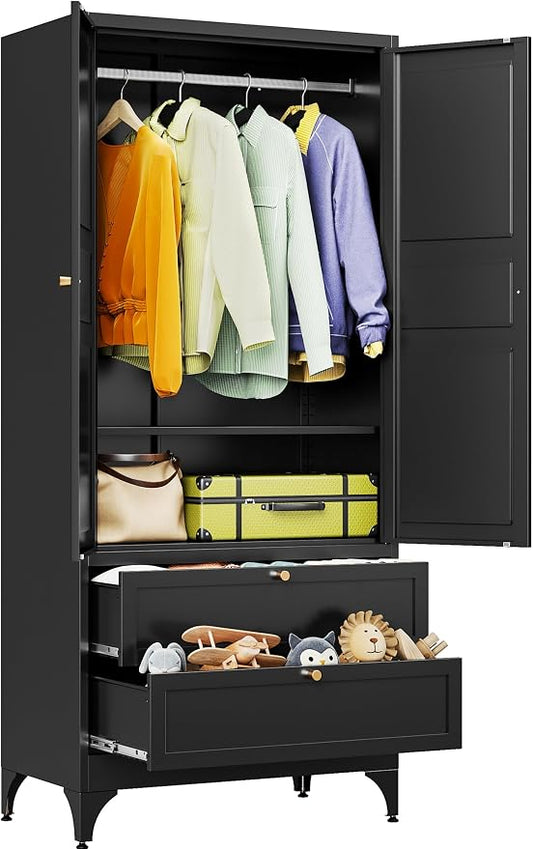 SISESOL Metal Wardrobe Cabinet with Drawer,Armoire Wardrobe Closet with Doors,Black Metal Clothing Storage Cabinet with Adjustable Shelves and Hanging Rod for Bedroom,Laundry,Home