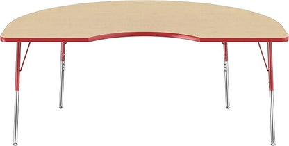 FDP Kidney Activity School and Office Table (48 x 72 inch), Standard Legs with Swivel Glides for Collaborative Seating Environments, Adjustable Height 19-30 inches - Maple Top and Red Edge