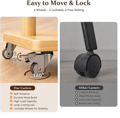 Solid Wood Coat Rack Freestanding Clothing Rack with Wheels & 2 Shelves Storage & 5 Hooks Heavy Duty Clothes Rack Wood Coat Tree Stand Hat Hanger Rack for Corner Bedroom Entryway Living Room Hotel