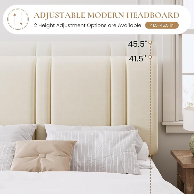 SHA CERLIN Queen Size Platform Bed Frame, Velvet Upholstered Bed with Adjustable Headboard, Vertical Channel Tufted Design, Sturdy Wood Slat Support, No Box Spring Needed, Easy Assembly, Cream White