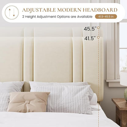 SHA CERLIN King Size Platform Bed Frame, Velvet Upholstered Bed with Adjustable Headboard, Vertical Channel Tufted Design, Sturdy Wood Slat Support, No Box Spring Needed, Easy Assembly, Cream White
