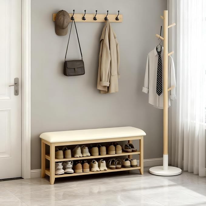 Shoe Bench Storage with Leather Cushion, Rustic Solid Wood Entryway Bench with 2 Height-Adjustable and Removable Shelves for Hallway, Living Room, Mudrooms (Natural Wood,47.2")