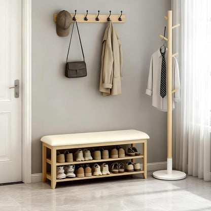Shoe Bench Storage with Leather Cushion, Rustic Solid Wood Entryway Bench with 2 Height-Adjustable and Removable Shelves for Hallway, Living Room, Mudrooms (Natural Wood,47.2")