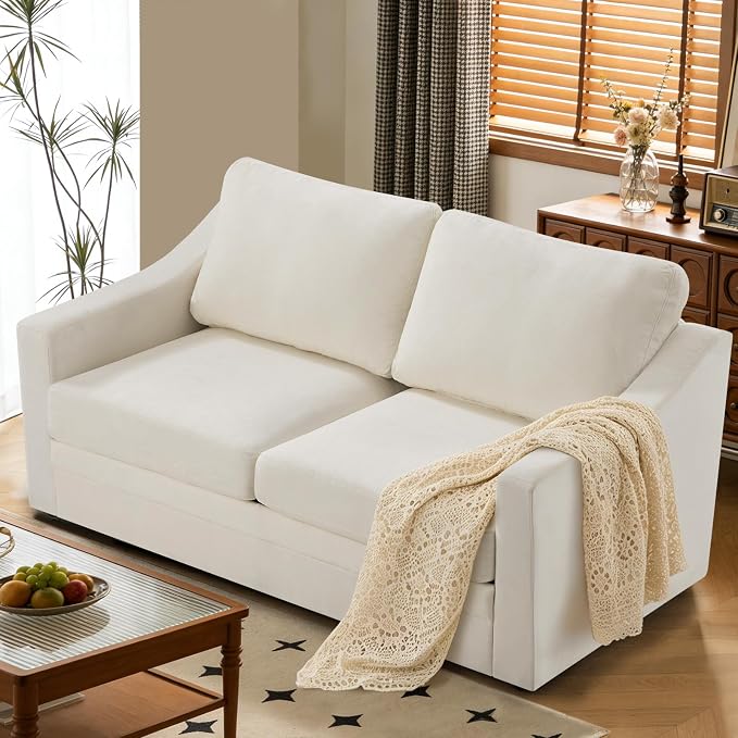 67” Chenille Loveseat Sofa w/Comfortable Back Cushions, Beige | Modern 2-Seat Couch w/Deep Seat Space, Upholstered 2 Seaters Sofa w/High Resiliency Foam for Living Room