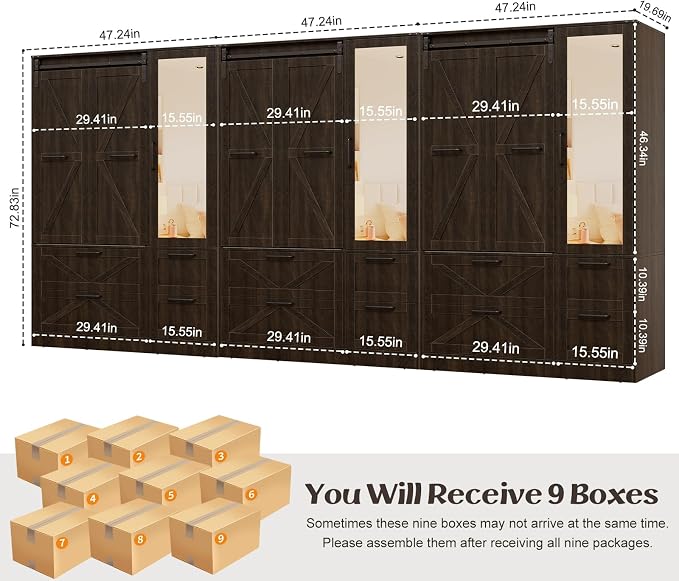 PAKASEPT Armoire Wardrobe Closet with w/Folding Sliding Barn Door | Bedroom Armoires with Mirror and LED Lights, Hanging Rod, 9 Door Armoire for Bedroom