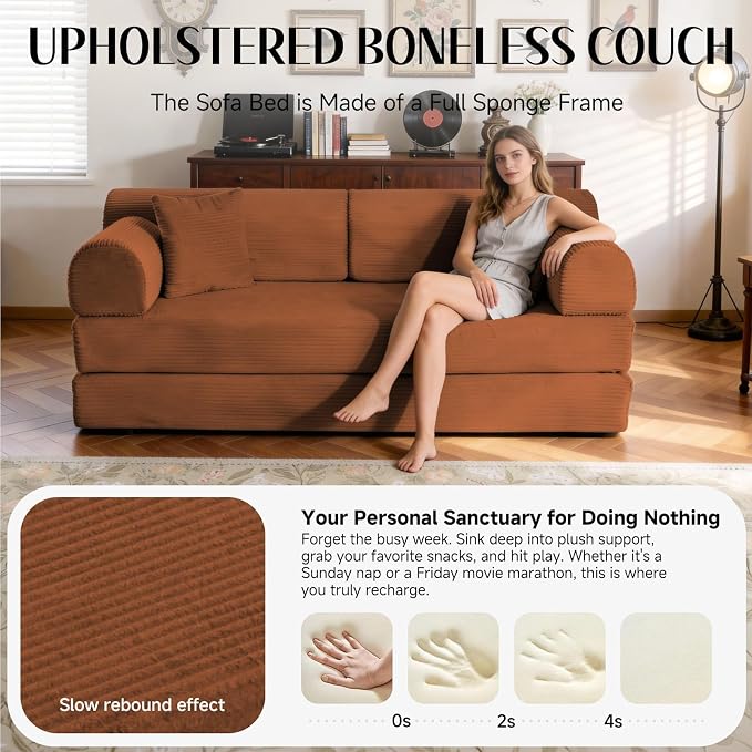 79'' Convertible Sofa Bed, 6 in 1 Folding Floor Futon Couch Sleeper with Fixed Frame, Corduroy Modular Sofa Bed with Removable Armrests & Pillows, No Assembly for Living Room Bedroom (Orange)